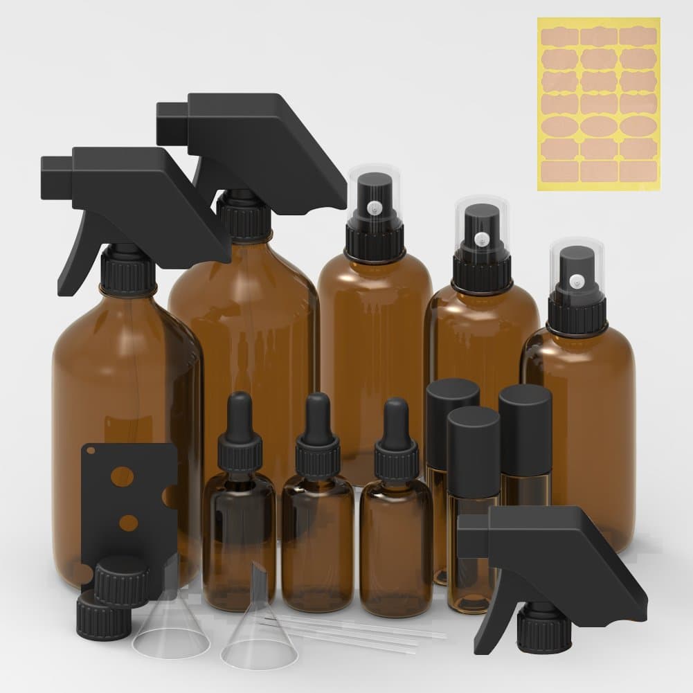 Amber Glass Bottle – 3pcs 16oz Trigger Sprayers,3pcs 3.4 oz Sprayer Bottle,3pcs 1 oz Dropper Bottle,3pcs Roller Bottle including Bottle Labels, Caps,Droppers and Funnels