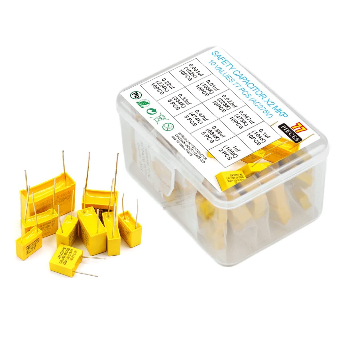 10 Values 77 PCS Polypropylene Safety Capacitors DIP 275VAC X2 MKP Assorted Kit Assortment(0.001uF,0.01uF,0.022uF,0.047uF,0.1uF,0.22uF,0.33uF,0.47uF,0.68uF,1uF)