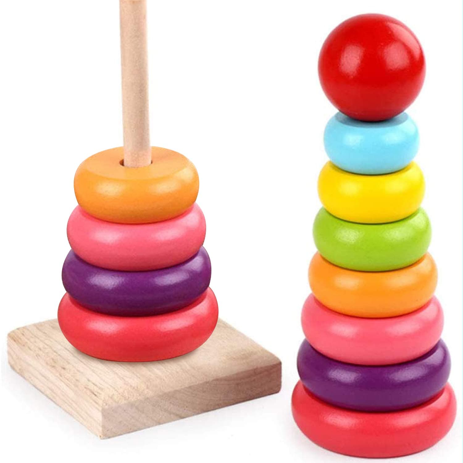 Rainbow Stacking Rings Toy Classic Stacker Developmental Toys with Premium Wooden 8 Colorful Pieces Smooth Rings and Solid Wood Base for Kid Boys and Girls Baby Toy Building Blocks