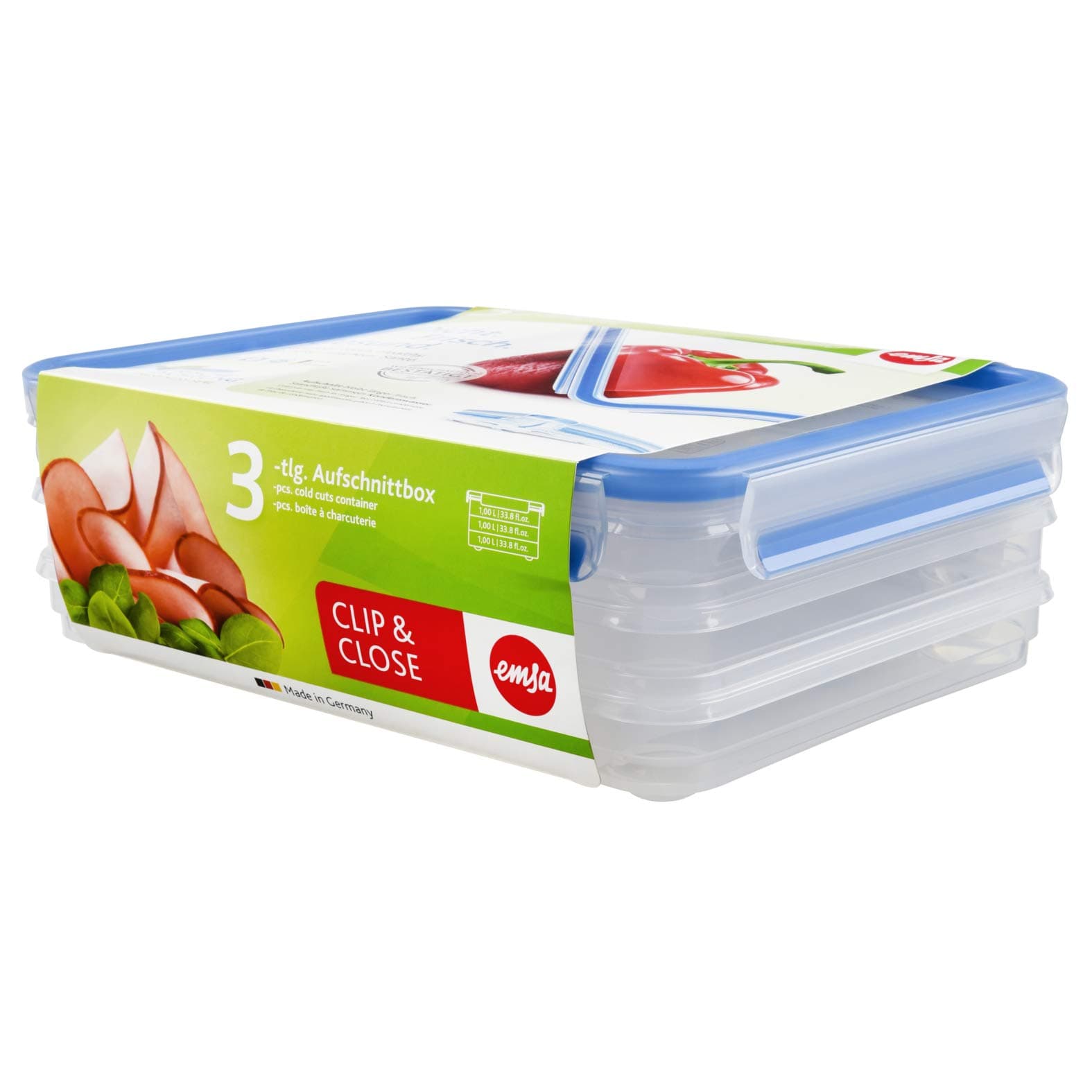 EMSA508556 Clip & Close Stacking Boxes, 26.5 X 19.4 X 9.6 cm, 3 X 1 Litre Transparent/Blue