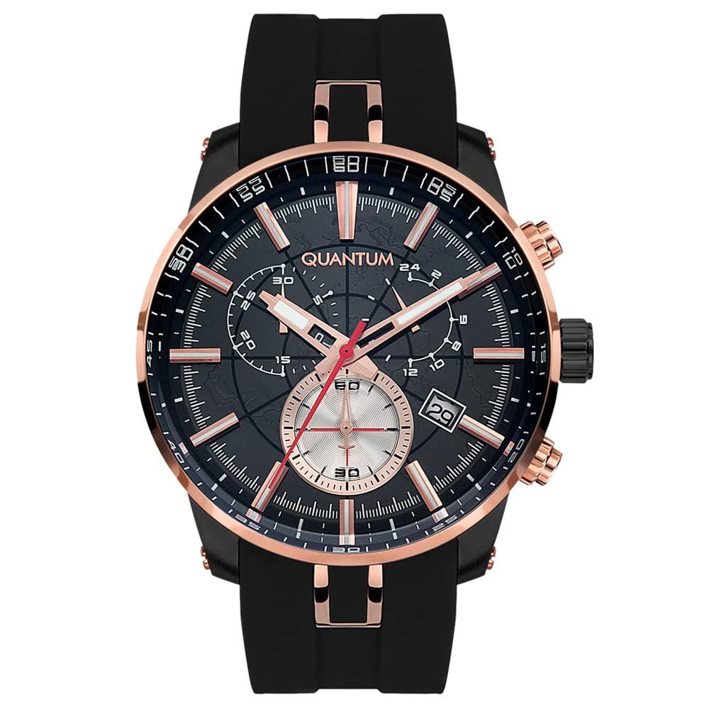 Quantum Men's Quartz Movement Watch, Multi Function Display and Silicone Strap - PWG560.661, Black