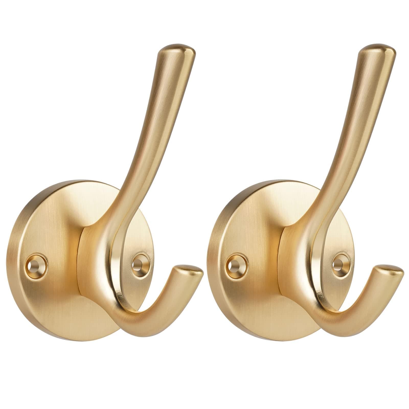2 Pack Coat Hooks, Heavy Duty Double Towel Robe Clothes Hooks For Hanging, Wall Hooks Holder For Bathroom Kitchen Closet Cabinet Door Garage Hotel, Wall Mounted (Gold)