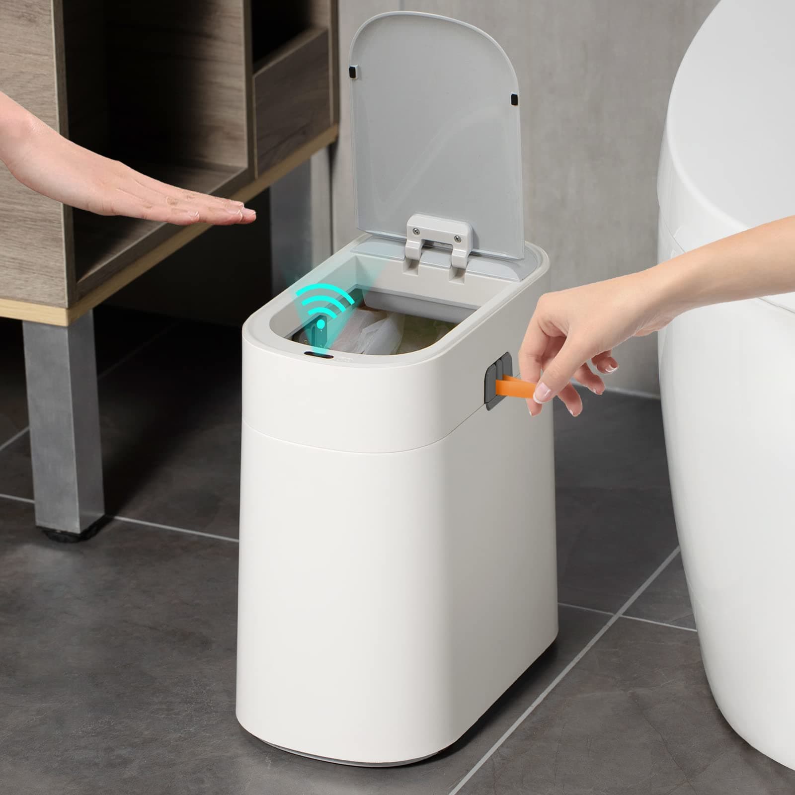 ELPHECO 3 Gallon Bathroom Trash Can, Automatic Garbage Can with Lid, Slim Plastic Motion Sensor Dustbin, 11 Liter Drawstring Waste Bin for Bathroom, Bedroom, Office, Smudge-Proof Trash Can, White