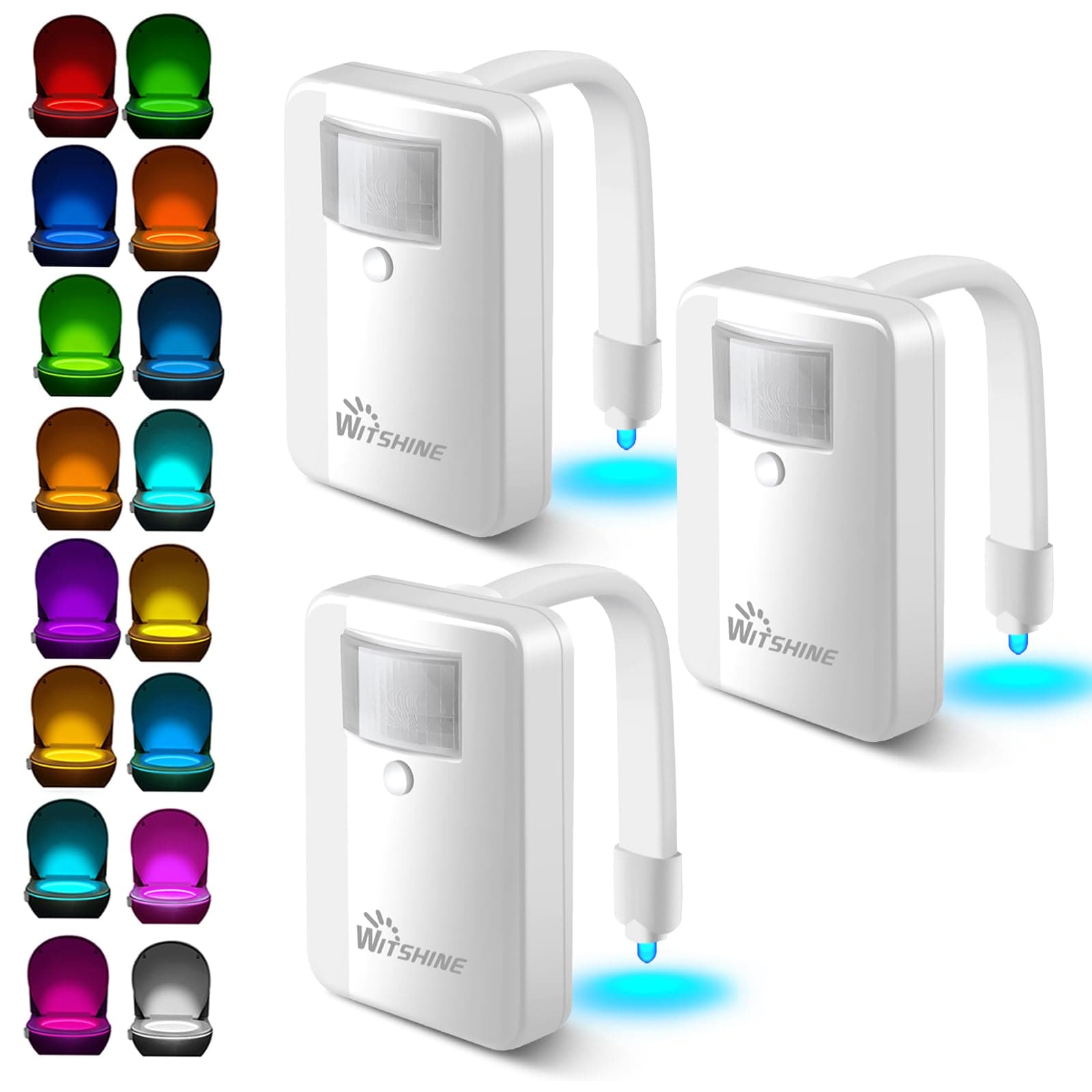 Motion Sensor Toilet Night Lights, 16 LED Color Changing Inside Bowl for Bathroom Accessories Decor, Cool Gadgets for Men & Kids, AA Battery Operated, Pack of 3