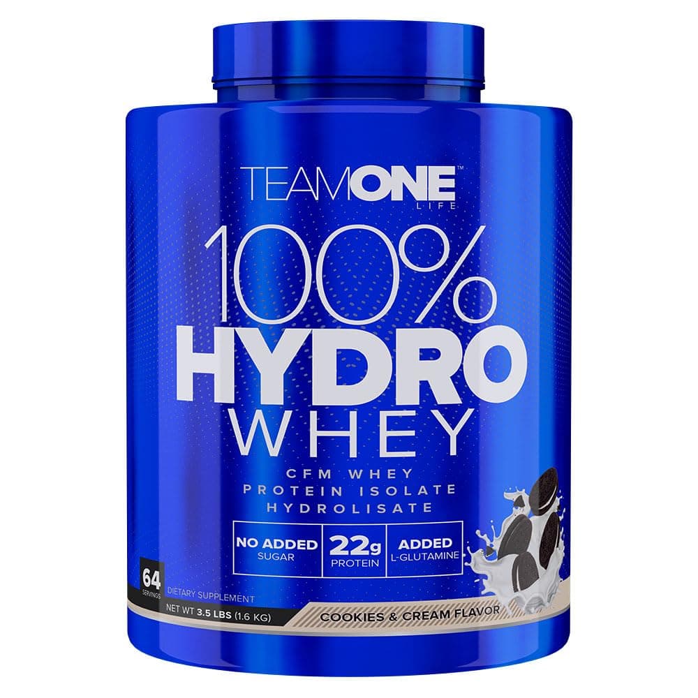 Team One Life 100% Hydro Whey, (22g) High Protein Isolate Hydrolysate, Supporting Muscle Growth, Recovery, No Added Sugar - Added L-Glutamine - (3.5 LB, Cookies and Cream)