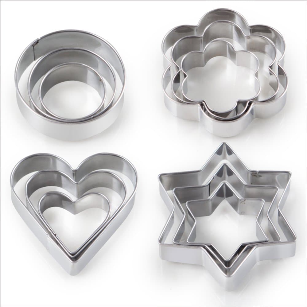 12PCS Cookie Cutter Shape For Kitchen & Dining, -3 Stars, 3 Flowers, 3 Round, 3 Hearts Shape, Mini Metal Geometric Vegetable Fruit Biscuit Mold Set, Kids Easter For Baking, Halloween, Christmas