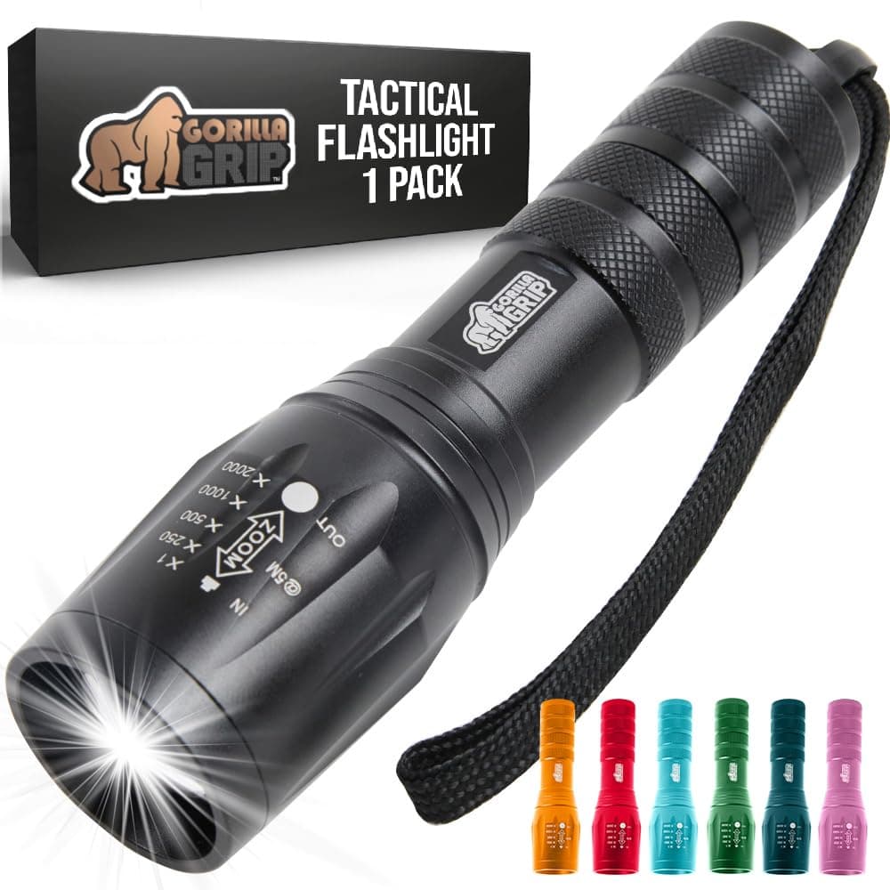 Gorilla Grip Tactical Handheld LED Flashlight, Ultra Bright Long Lasting, Water Resistant, 350 Lumens, 750 FT Zoomable Flashlights, Camping Accessories, Outdoor Gear, Emergency Power Outages, Black