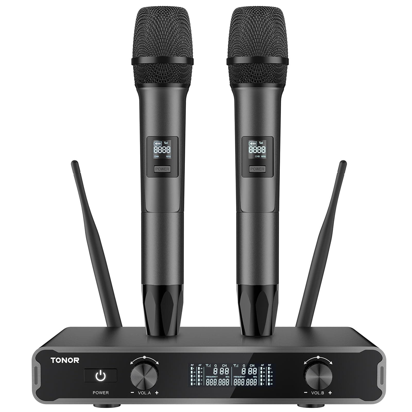 TONOR Dual Wireless Microphone Systems, UHF Cordless Karaoke Microfono Set, Metal Handheld Dynamic Mic 200ft for Singing with Receiver for Karaoke, DJ Party, Church, Wedding, Speech, PA TW450 Grey
