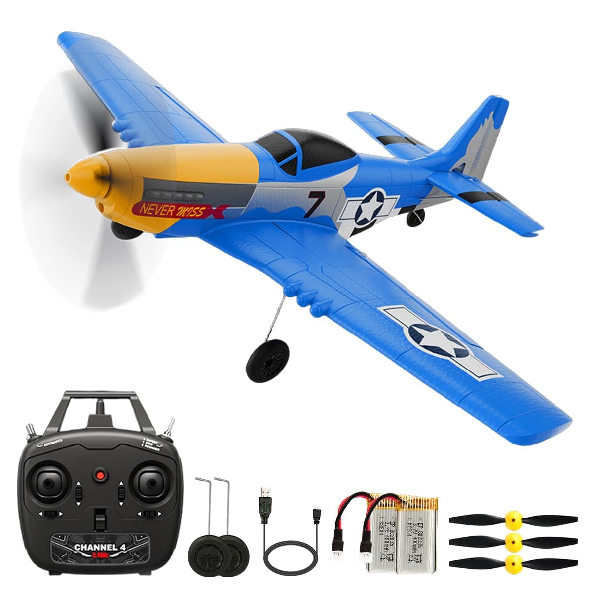 P51D RC Plane 4CH 2.4GHz RTF Remote Control Airplane P-51 Mustang Fighter Glider Aircraft Ready to Fly Radio Controlled Drone Hobby Plane with 6-Gyro Xpilot Stabilization System for Beginners Trainer