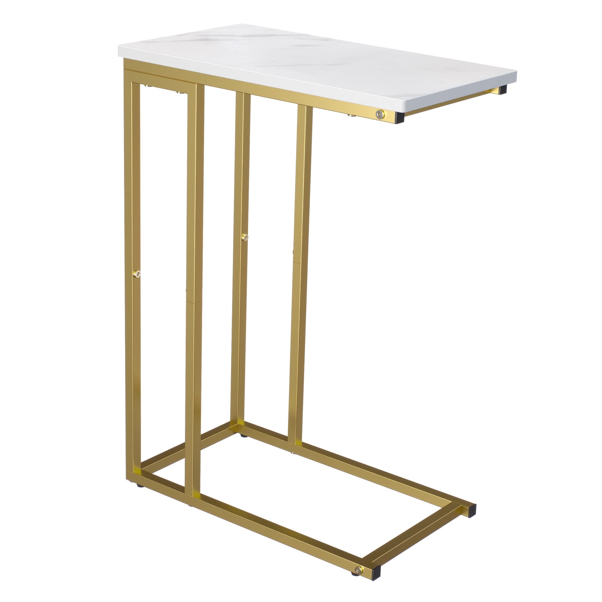Small C Shaped End Table, Slim Narrow Couch Side Tables Slide Under Sofa Bed, Skinny Snack Tray Table for Coffee Laptop in Living Room,Easy Assembly, Gold and White Marble