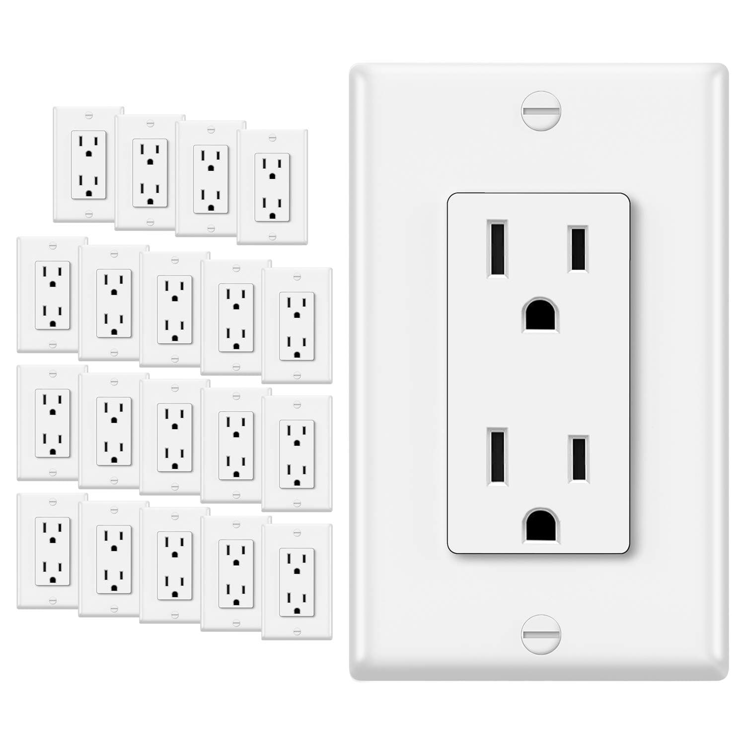 ELECTECK 20 Pack Standard Decorator Electrical Wall Receptacle Outlet, 15A 125V, 2 Pole 3 Wire, Non-Tamper Resistant, Wallplate Included, Residential and Commercial Use, UL Listed, White