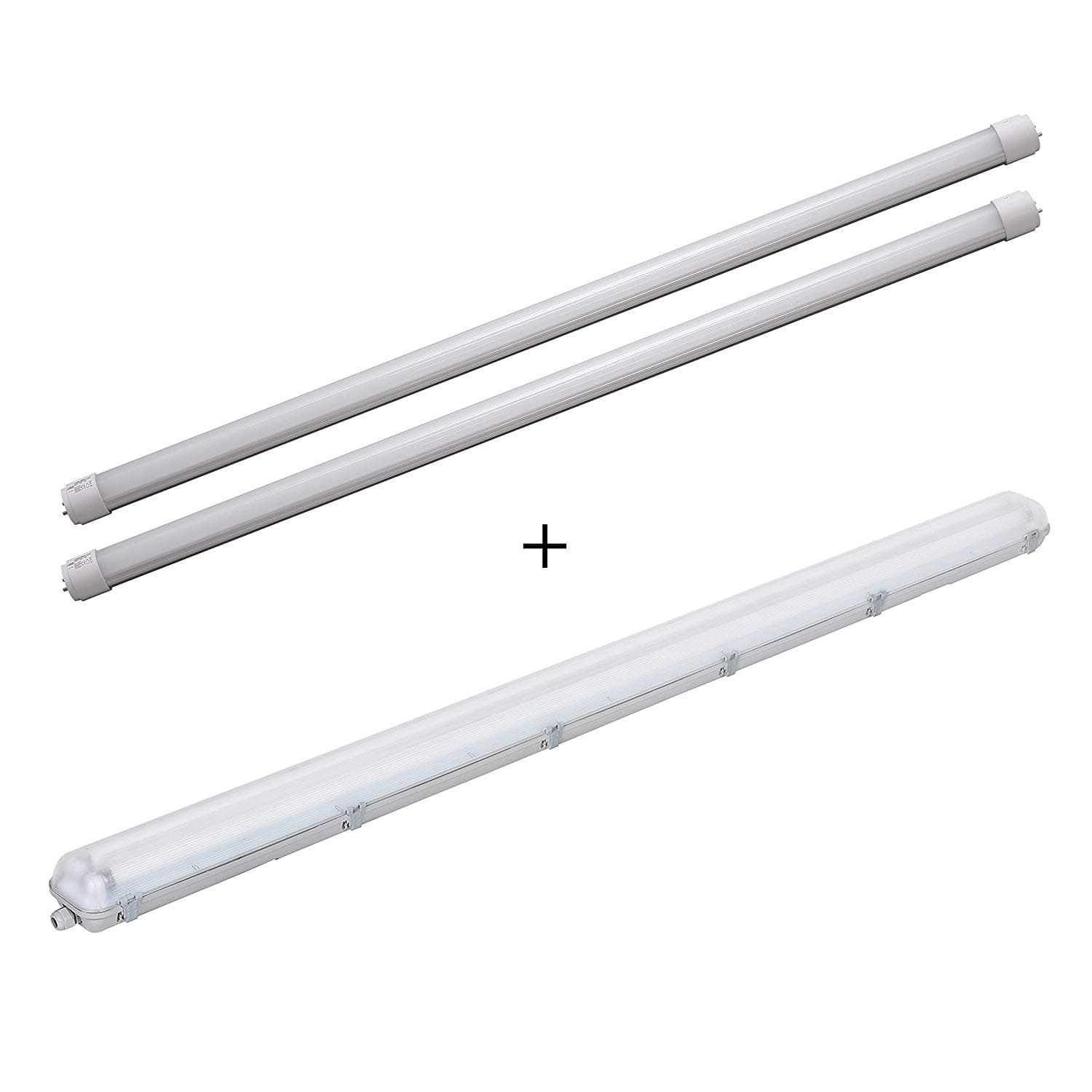 LEDUS LED Tube Bundle Batten Light Fitting 150cm 5ft 2x24W (3000-3500K Warm White) [Two T8 G13 Tubes + casing IP65] Wet Room Ceiling Lighting for Kitchen or Bathroom [Energy Class A]