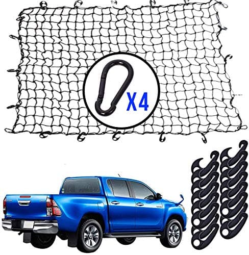 Stay There 45'' x 68'' Cargo Net for Pickup Trailers Truck Bed with 3x3 inch Mesh Stretches to 85''x125''-16 Hooks+4 Steel Carabiners with 5mm Heavy Duty Bungee for for Toyota Tacoma …