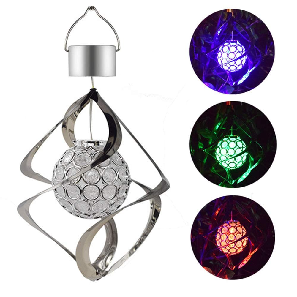 Solar LED Wind Chimes Light,Moving Rotating Colorful Night Light,Color Changing Outdoor Crystal Ball Spinner Hanging Spiral Decorative Light Lamp for Garden Lawn Balcony Porch Window (Silver)