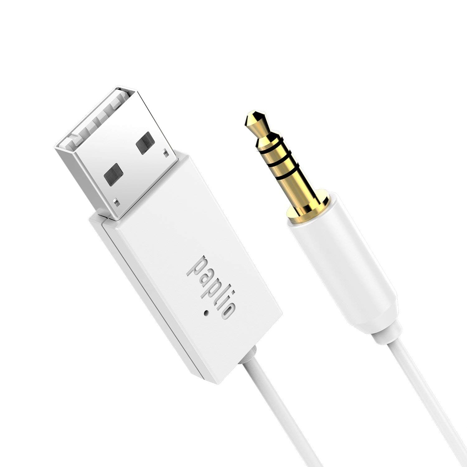 Paplio BlueStream Bluetooth Handsfree Adapter - Bluetooth Receiver with 3.5mm AUX for Music/Navigation Streaming and Microphone for Hands-Free Calls; Auto On, No Need to Charge (White)