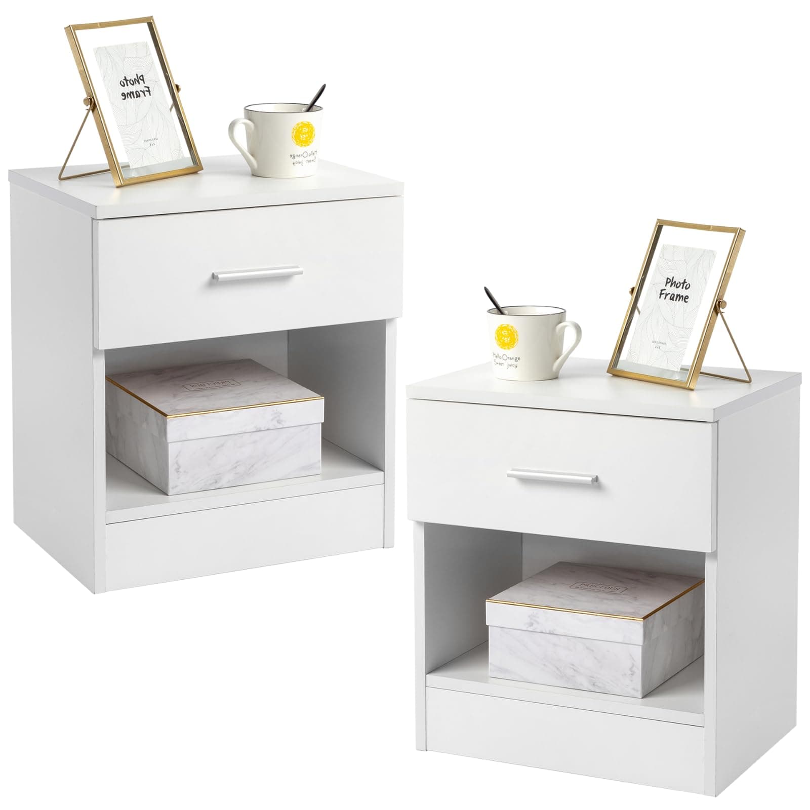 Modern White End Table Set of 2, Bedside Table with 1 Drawer & Shelf, Wood Nightstand for Bedroom, Living Room, 15.35 x 11.42 x 16.14 inches, White