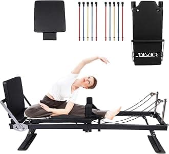 Foldable Pilates Reformer Machine for Home Gym,Professional Reformer Pilates with Jump Board, 2 Sets Color Resistance Cords,at Home Pilates for Full Body Workouts & Strength Training