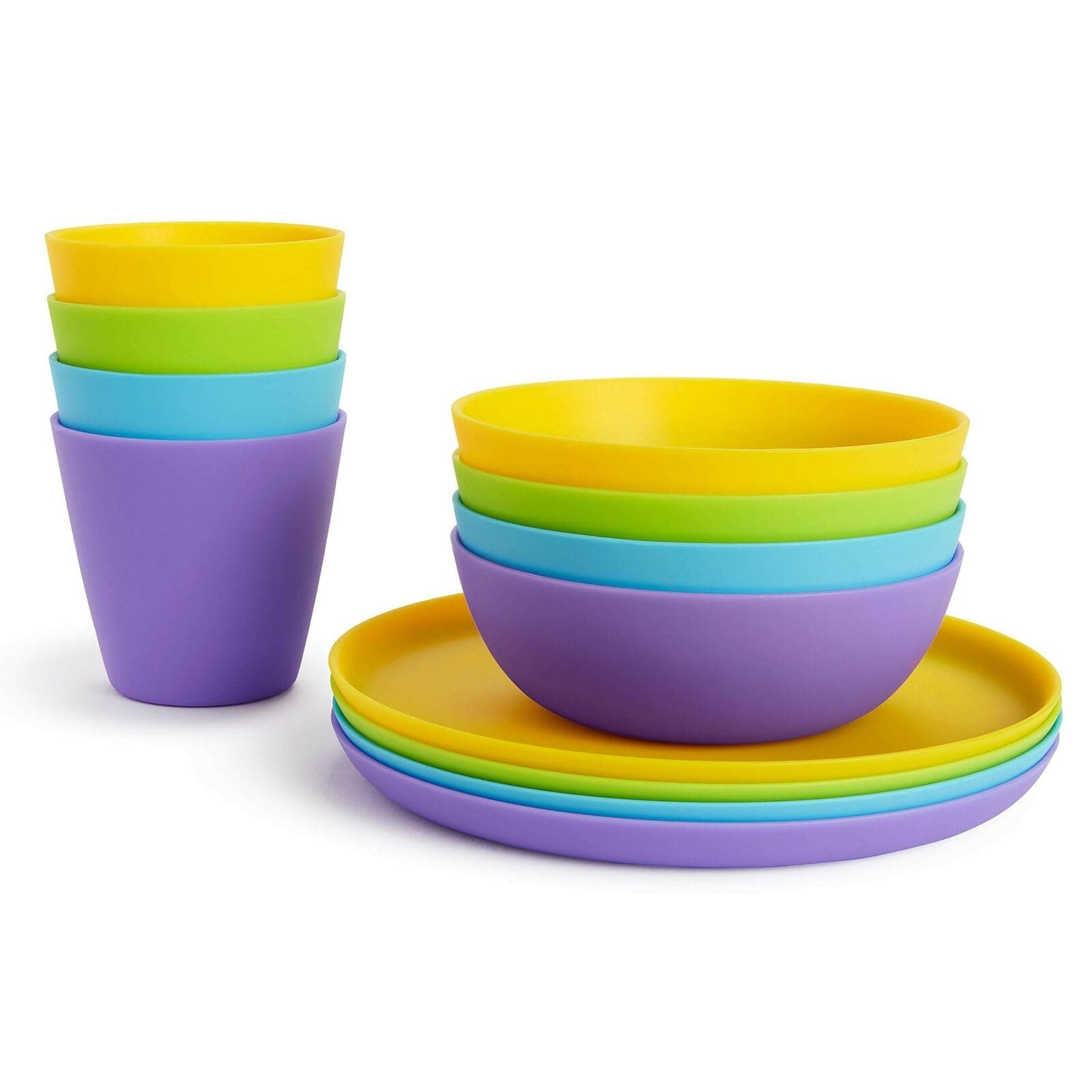 12 Piece Toddler Multi Dining Set | BPA Free Stackable Baby Dish Kids Plates and Bowls Sets | 4 Cups, 4 Plates, 4 Bowls | Multicoloured