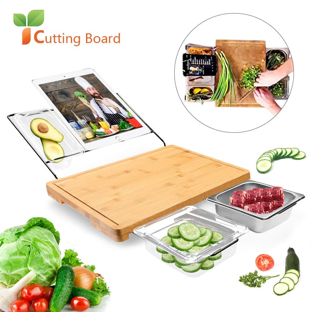 2020 New Extensible Bamboo Cutting Board with 4 Containers Tray Drawer Storage for Meal Prep Station Cutting Board - Easy Food Prep, Meat, Vegetables, Fruits, Crackers & Cheese 1 set
