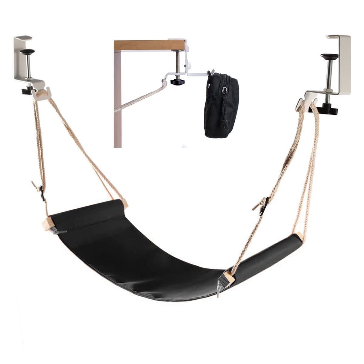 ELELINK Portable Adjustable Mini Office Foot Rest/Foot Stool Stand Desk Foot Hammock with Headphones Holder, Footrest with Upgraded Screw in Rubber Clamps Suitable for All Desk Types(Black)