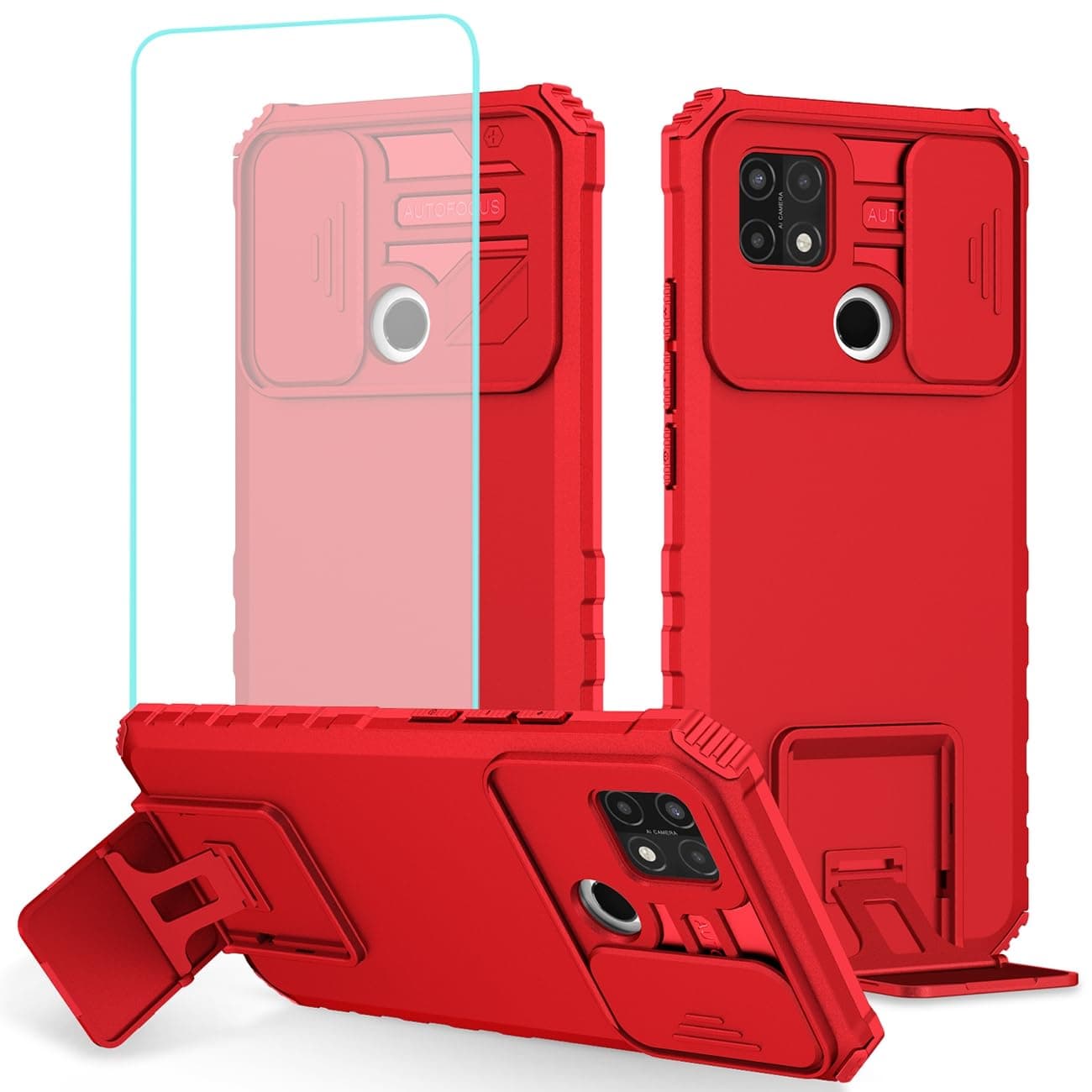 Case for Oppo A15 Case, Oppo A15S CPH2185 CPH2179 Case with Tempered Glass Screen Protector and Slide Camera Cover, Heavy Duty Kickstand Slim Protective Phone Cover for Oppo A15 Red