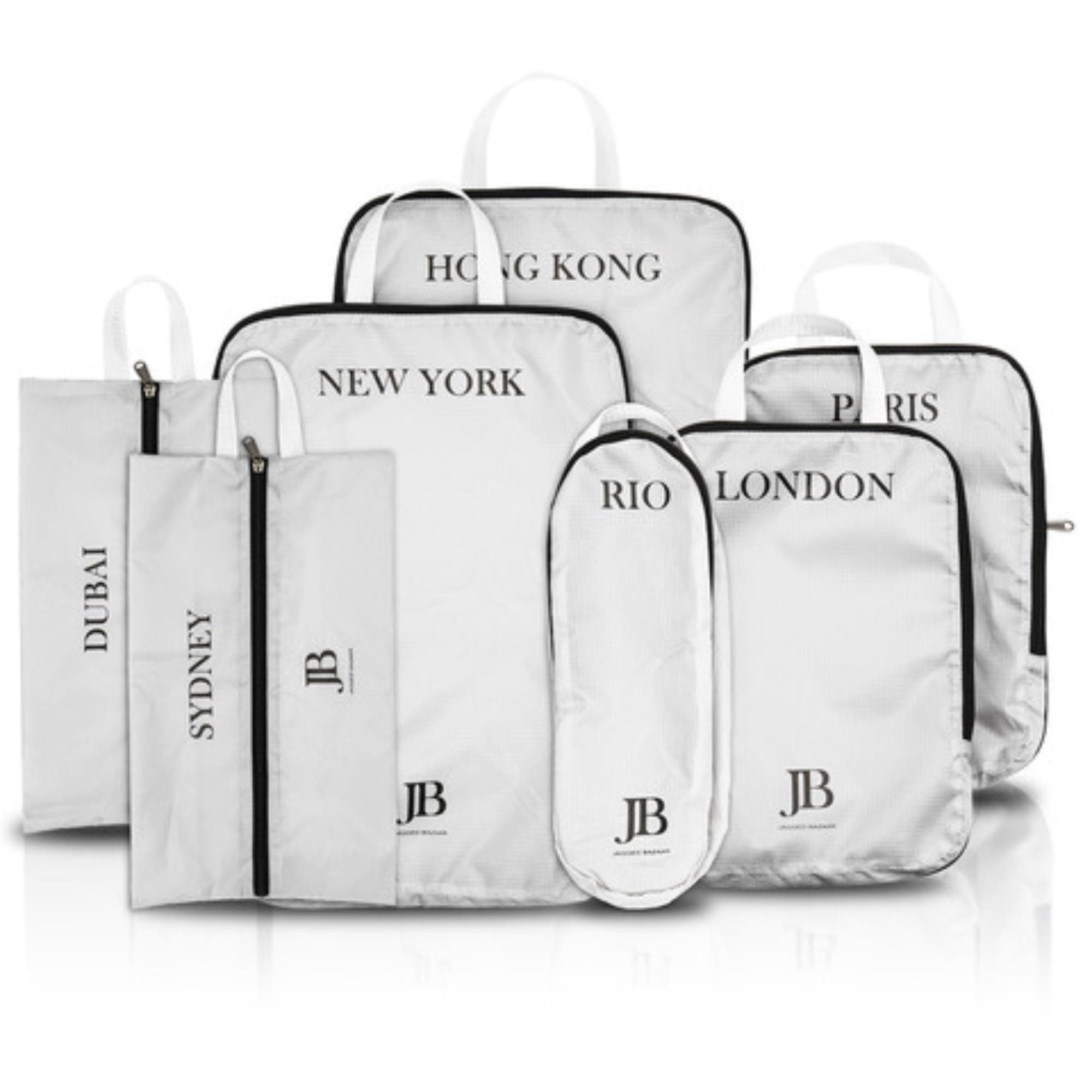 Jagged BazaarJagged Bazaar Compression Packing Cubes - 7 Pc Set - White/Black - Compression Cubes for Travel with Extended Zipper for Easier Packing - Ultralight Clothing Organizer - Must have Travel Essentials