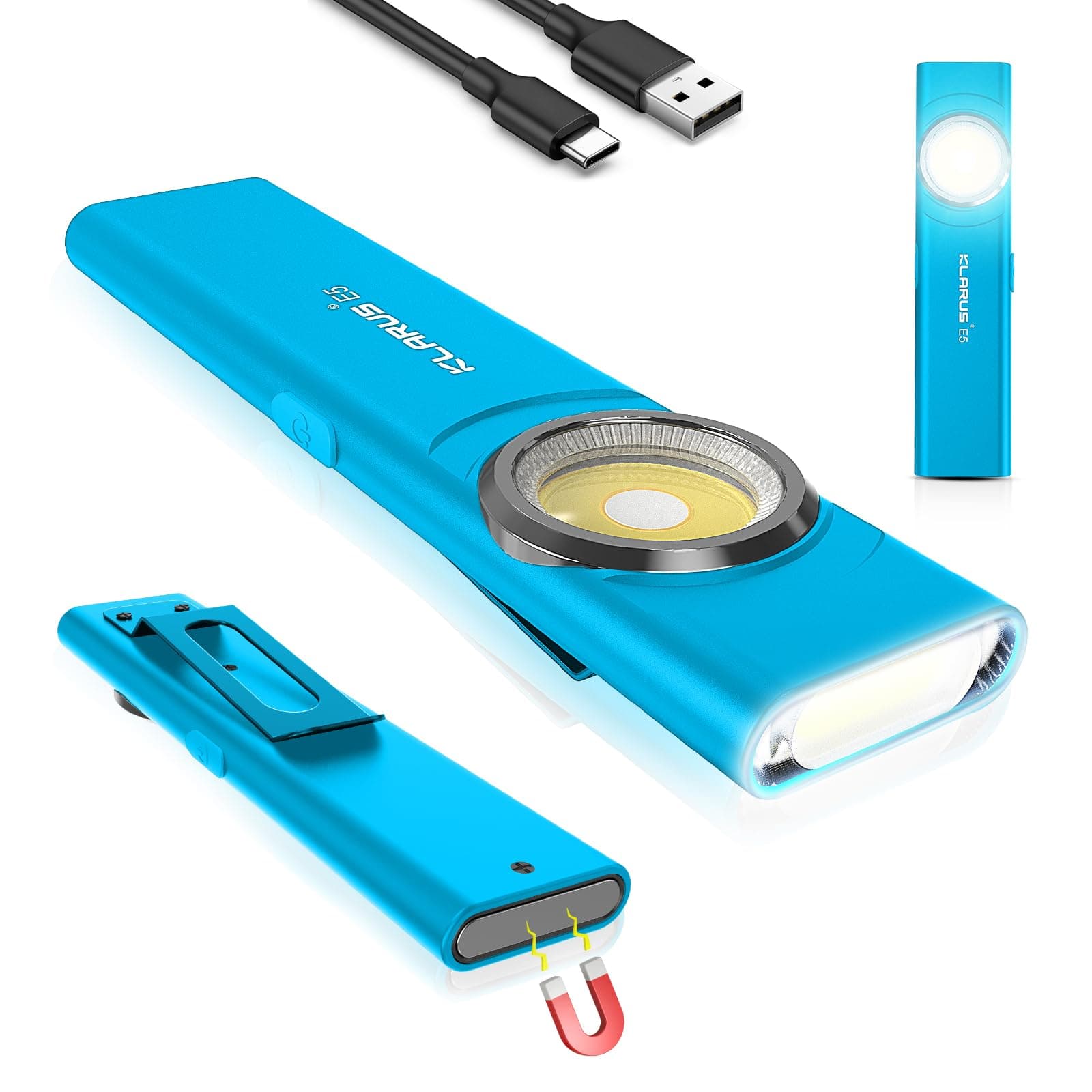 klarus E5 Flat EDC Torch,USB C Rechargeable COB Work Light, 600 Lumens Mini Flashlight with Magnetic Base and Buckle Clip Suitable for Maintenance, Camping, Hiking, Emergency, etc (Blue)
