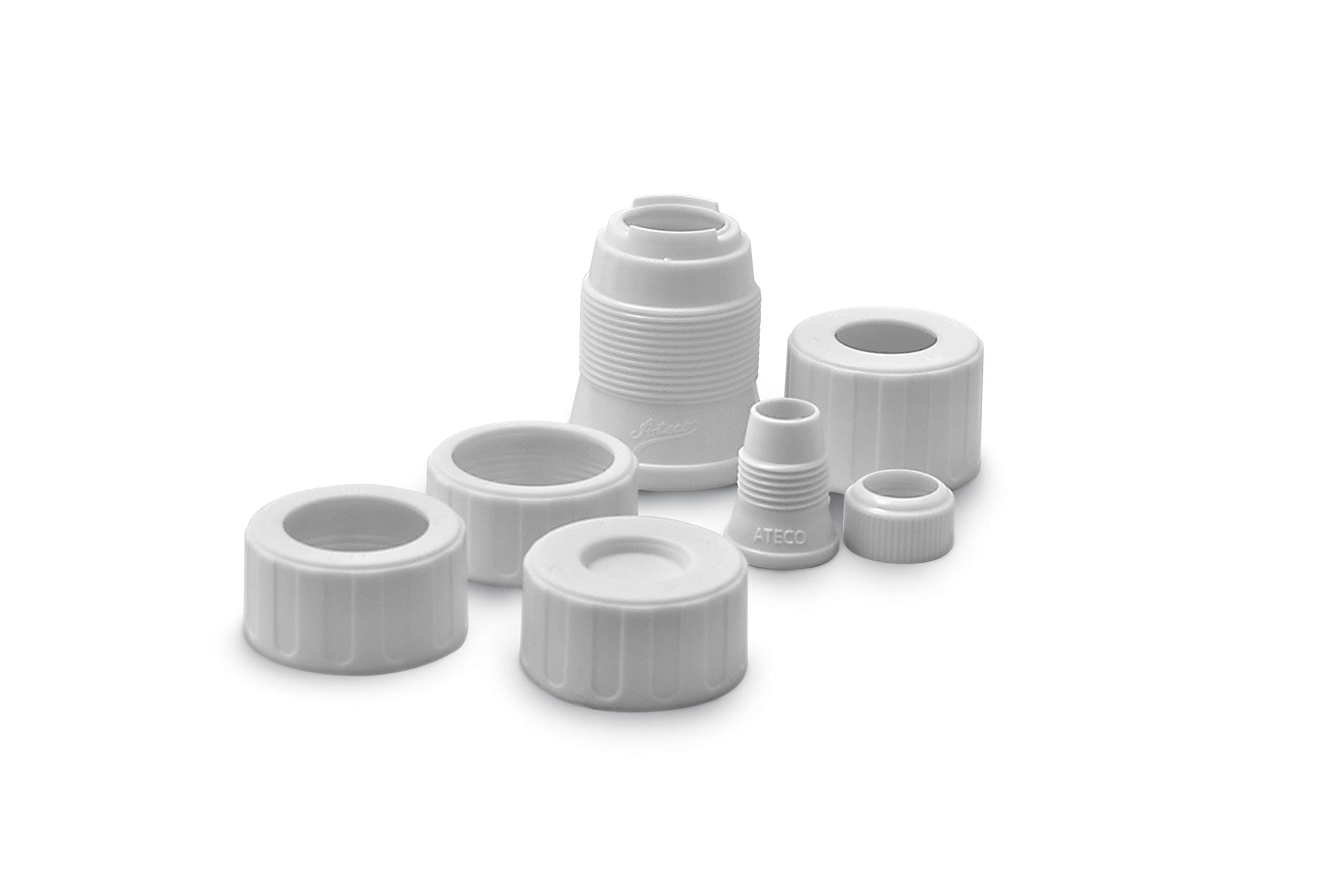 Universal Pastry Coupler and Cap Set | 7 Piece Set | Works with 250 Ateco decorating Tubes plus tips from other brands