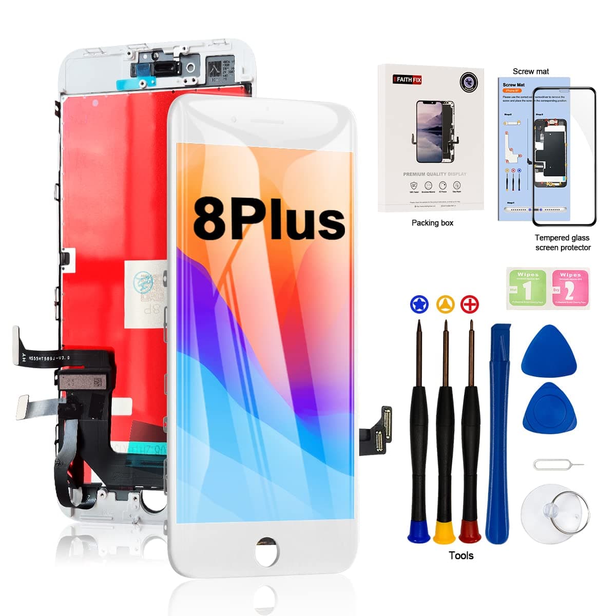 EFAITHFIX for iPhone 8 Plus LCD Screen Replacement White 5.5 Inch Frame Assembly LCD Display 3D Touch Screen Digitizer with Repair Tools Kit Tempered Glass Screen Protector for A1864, A1897, A1898