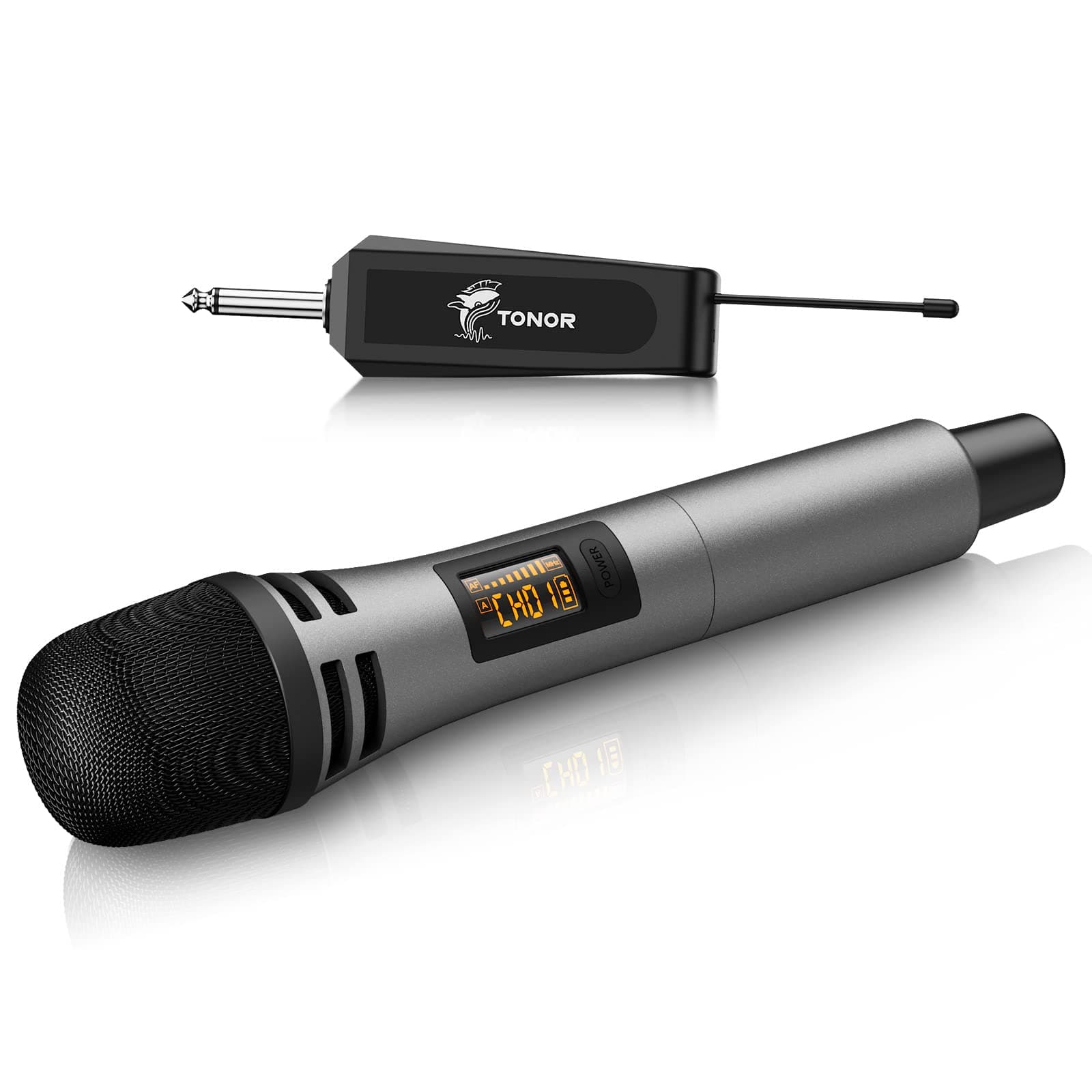 – Wireless Microphones, UHF Cordless Handheld Dynamic Mics with 6.35mm Rechargeable Receiver, 60 m Range, 5 Adjustable Channels for Karaoke, Singing, DJ, Party, Speech, TW310, 1 Mic Grey