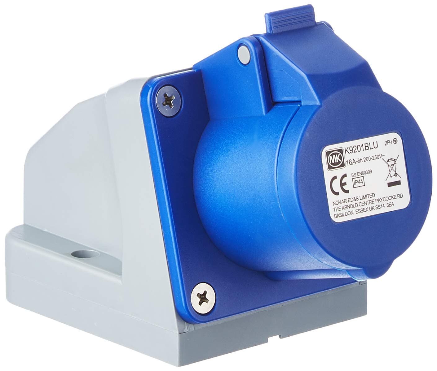 MK Commando K9201 16A 2P+E 200-250V Angled Socket Outlet (IP44) - Blue