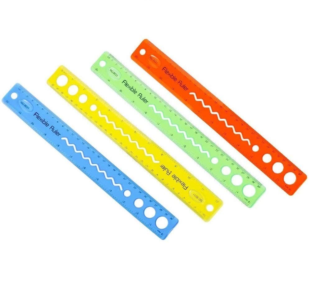 Bendy Ruler 30cm / 12 inch 4 Pack Multipack Flexible Clear Relers Soft Shatterproof Bendable for School Classroom Office Supplies 4 Color Red Yellow Green Blue