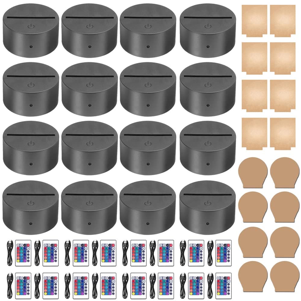 HYNNIO16-set 3D Night LED Light Lamp Base with Round Square Acrylic Sheet, Includes Remote Control + USB Cable, 16 Colors Decoration Maison Decorative Lights for Bedroom Child Room (Black)