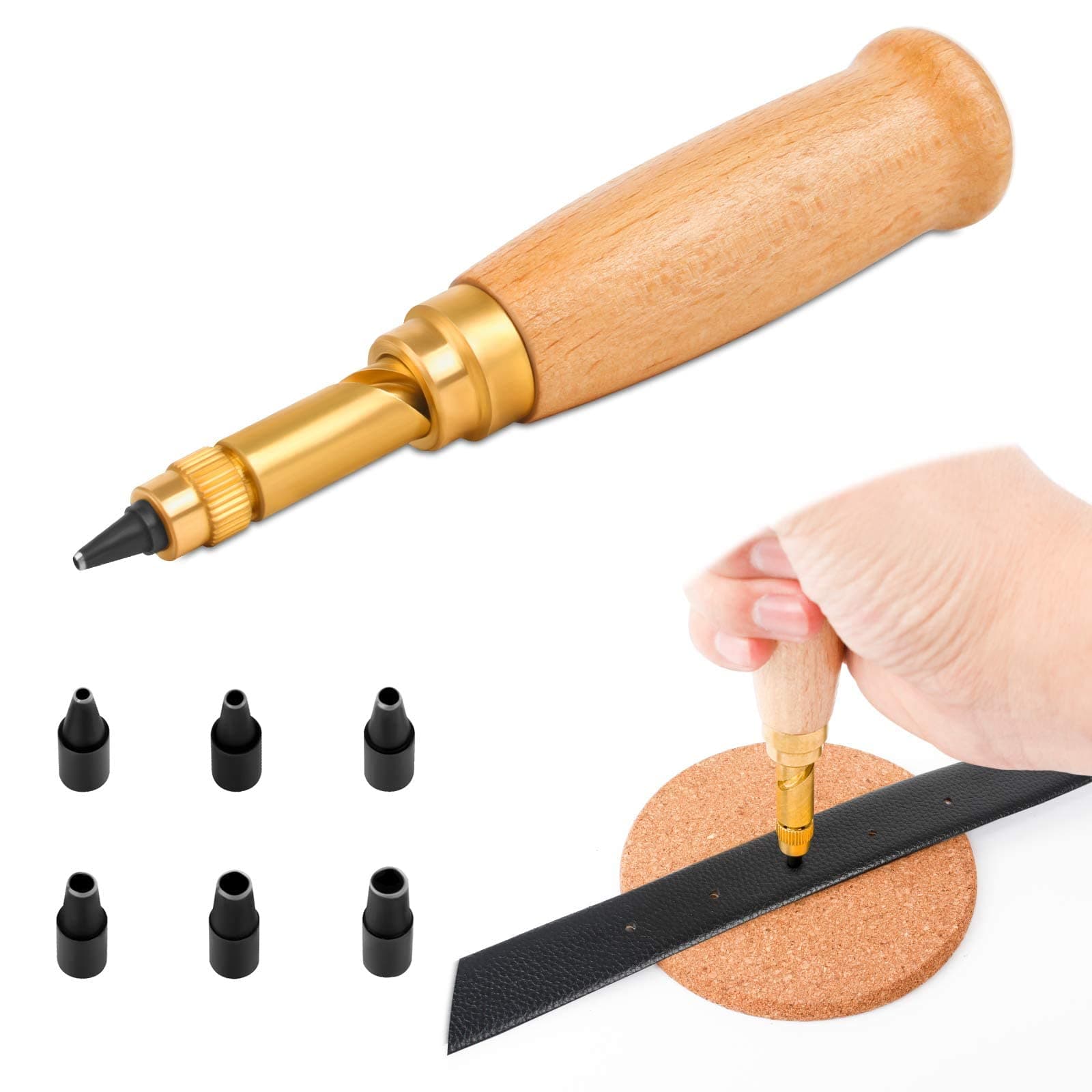 MAKINGTEC Screw Hole Puncher With Wood Handle - 6 Tips Sizes: 1.5mm, 2mm, 2.5mm, 3mm, 3.5mm, 4mm