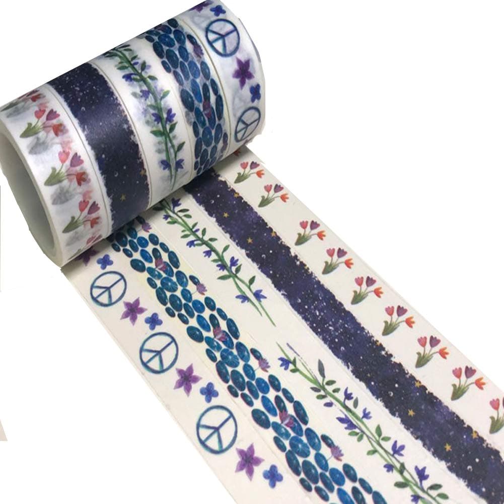 Meiwash Decorative Washi Tape Set Adhesive Multi-Pattern Washi Masking Tape Scrapbooking and Bullet Journaling Tape Decoration for DIY Gifts Arts and Crafts (Starry & Flowers,Pack of 5)