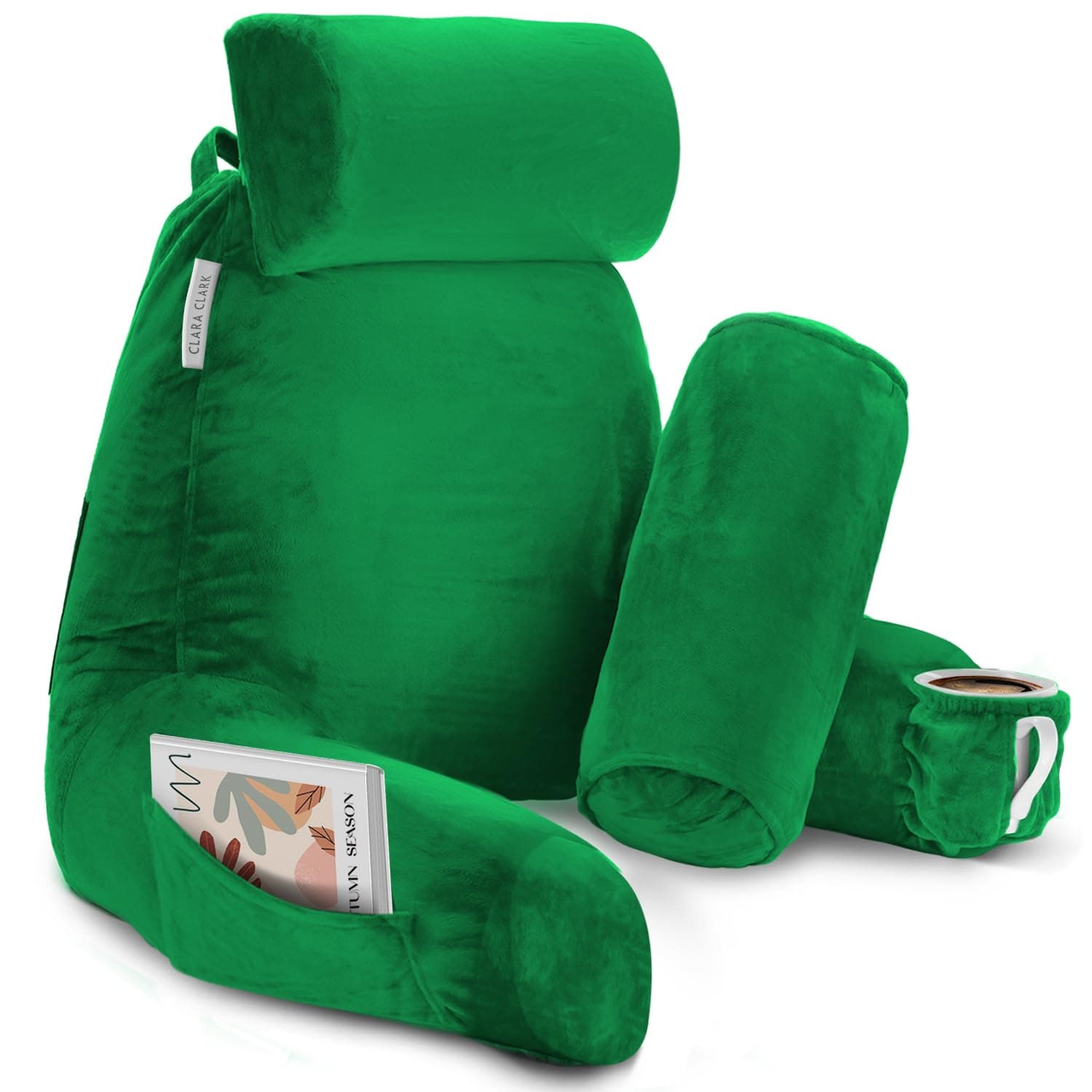 Clara Clark Reading Pillow with Shredded Memory Foam Includes 2 Neck and Lumber Support Pillows, Designed for Sitting Up in Bed and Couch, Back and Arms Adjustable Support for Adults & Teens, Green