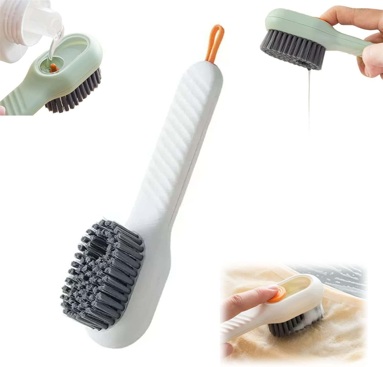 Multifunctional Liquid Shoe Brush with Liquid Box, Adding Liquid Filled Shoe Washing Brush with Soap Dispenser Press Type, Long Handle Shoe Scrubbing Brush Cleaning with New Liquid Cartridge