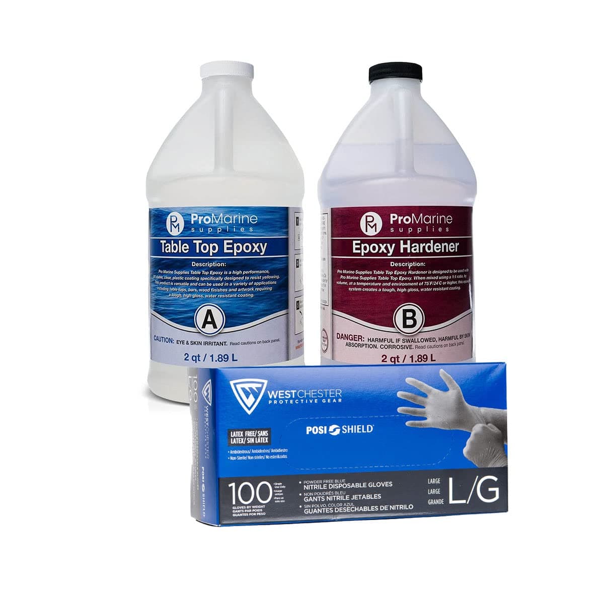 Pro Marine Supplies Crystal Clear Table Top Epoxy Bundle with Crafting Disposable Gloves | 1-Gallon Clear Epoxy Resin Kit with Posi-Shield Powder-Free Gloves | 50 Pairs / 100 Gloves per Box Bundle Kit
