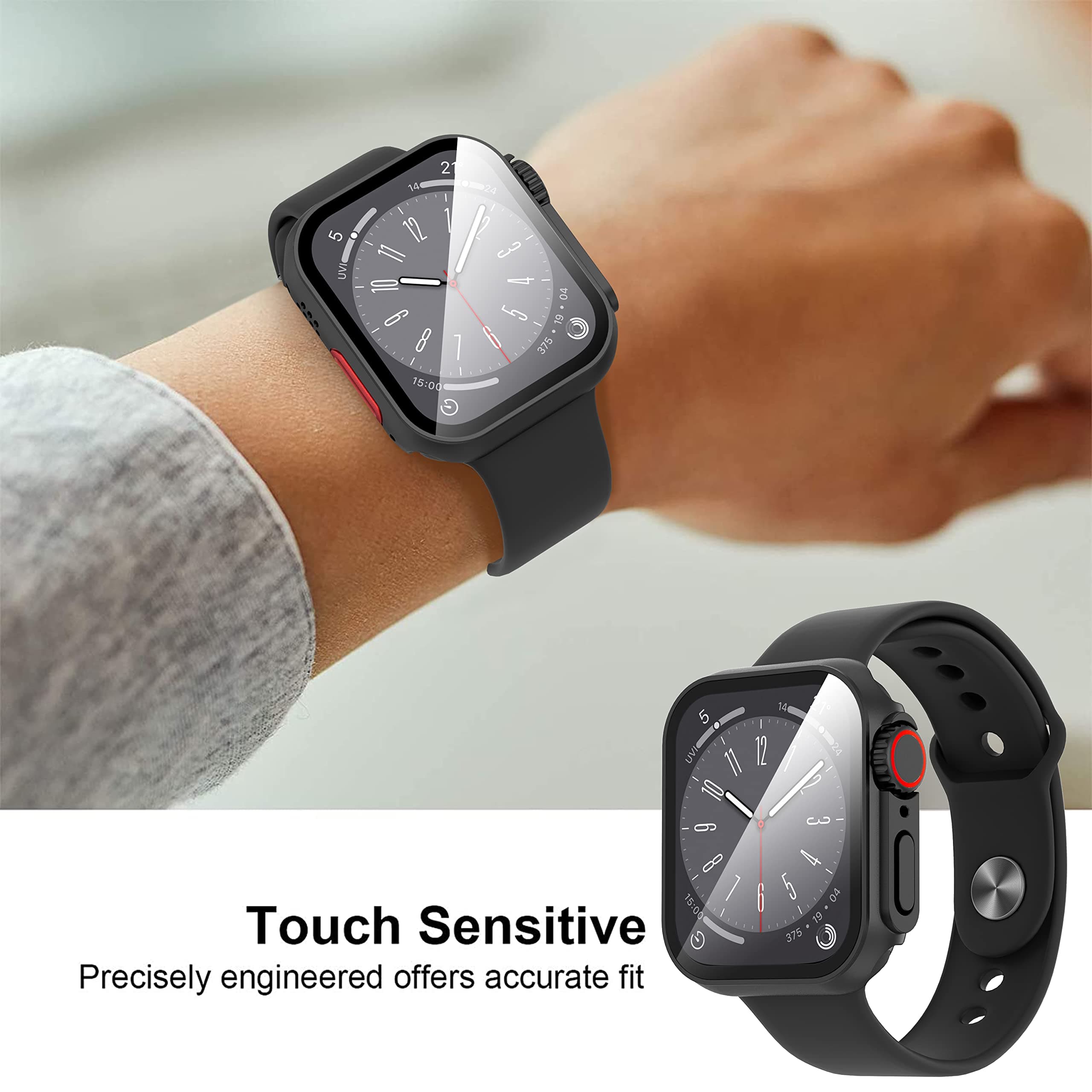 Diruite Case for Apple Watch Series 9/8/7 45mm Tempered Glass Screen Protector,HD Unique Design Ultra Thin PC Protection Cover All-round,Black(HD),45MM