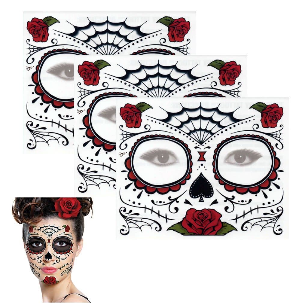 Temporary Tattoos Sugar Skull Rose Design (3 Kits)