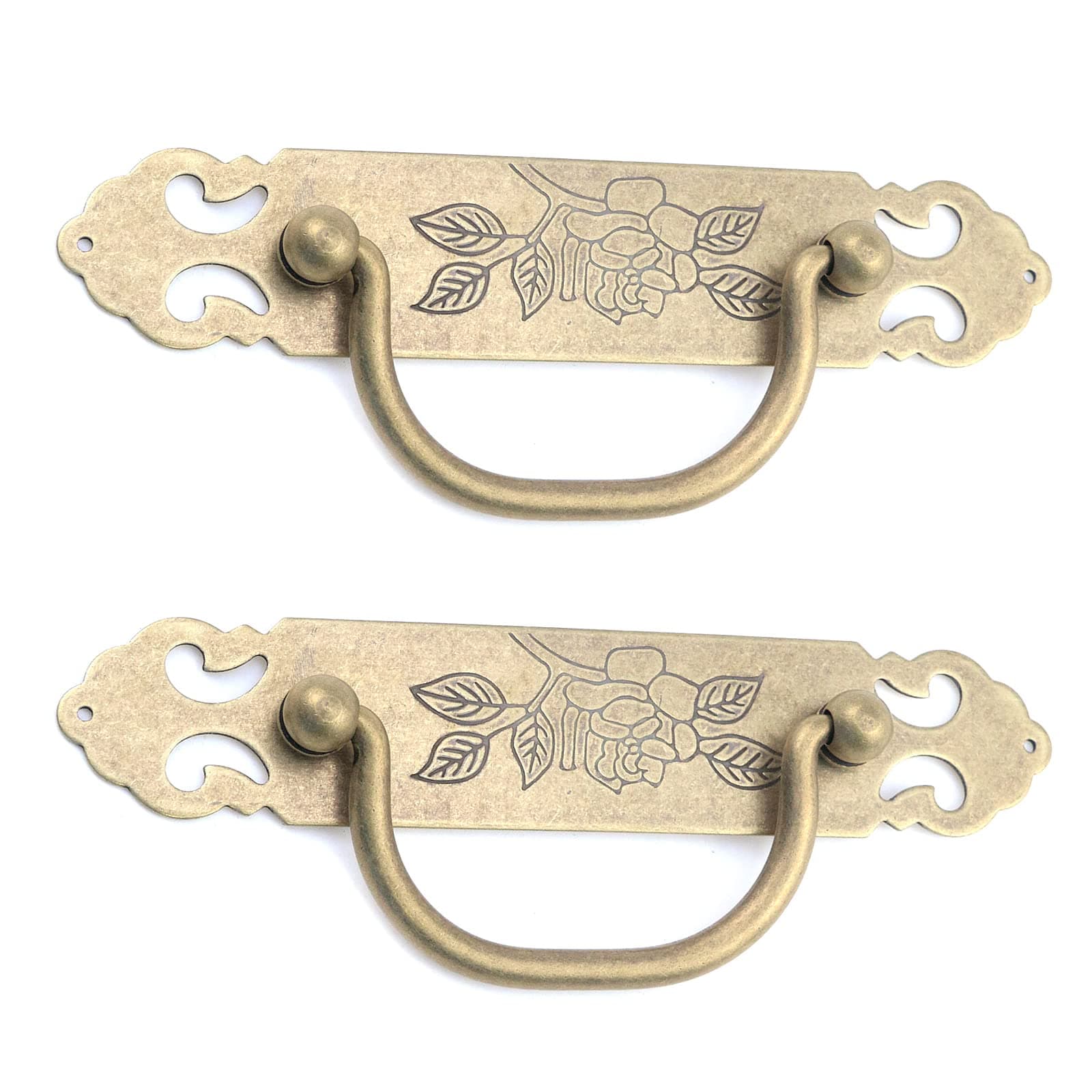 2PCS Antique Flat Bronze Cabinet Pulls Brass Decorative Handles with Engraved Pattern 3" Hole to Hole for Retro Style Furniture