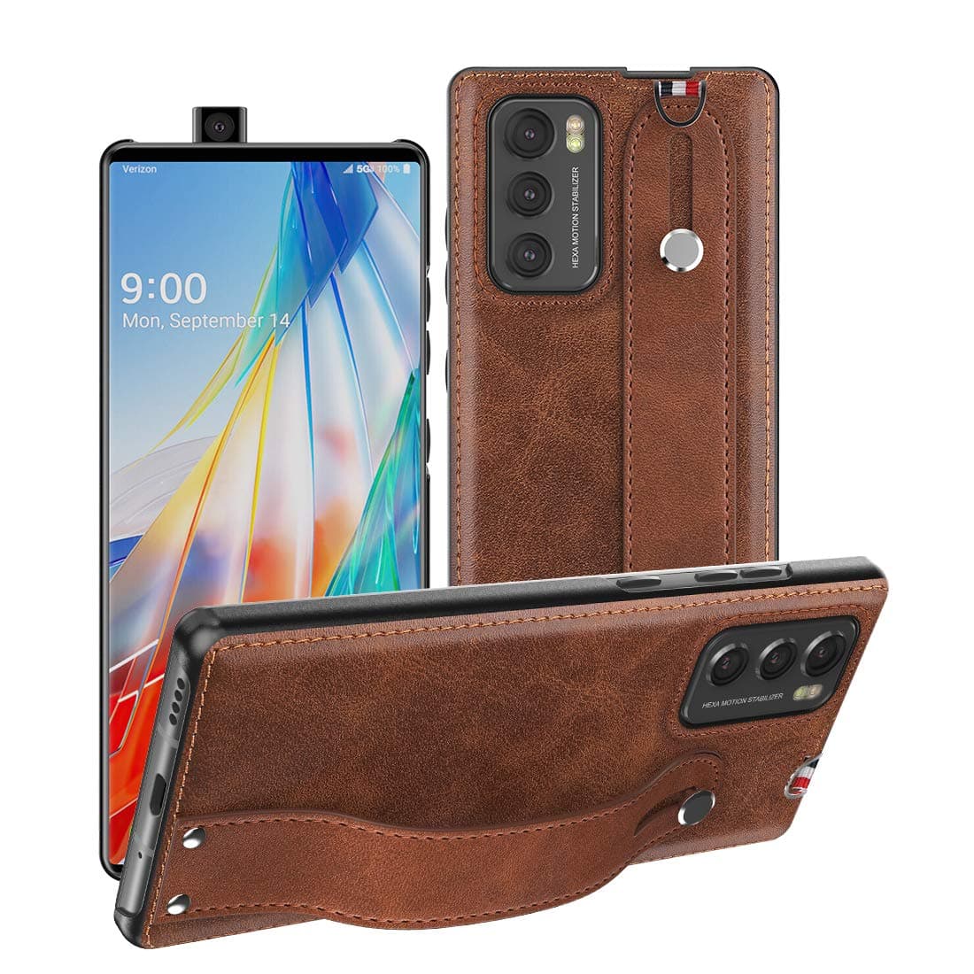 Fol for LG Wing 5G Case,for LG Wing Case 2020,[Slim and Lightweight] PU Leather Back Cover Support Swivel Mode Hard PC Holder with Hand Strap Protective Phone Case for LG Wing 5G 6.8 Inches (Brown)