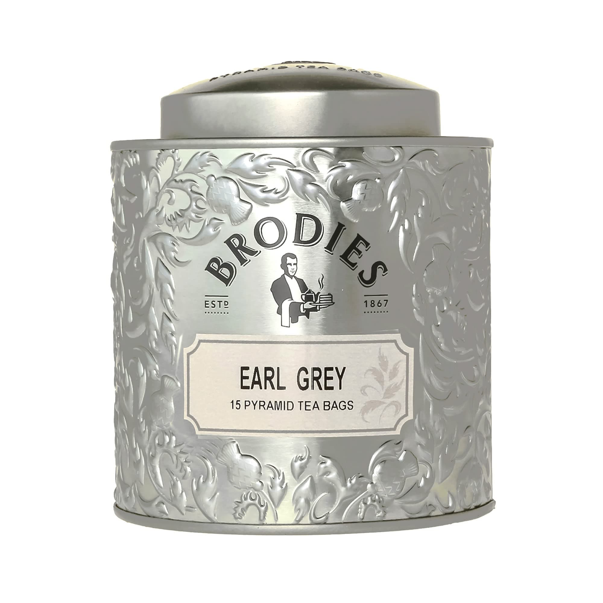 Earl Grey Pyramid Tea - Gift Tin Caddy Silver Colour (total 15 Pyramid Tea Bags) - Elegant and scented quintessential British Tea with the citrus Note of Bergamot