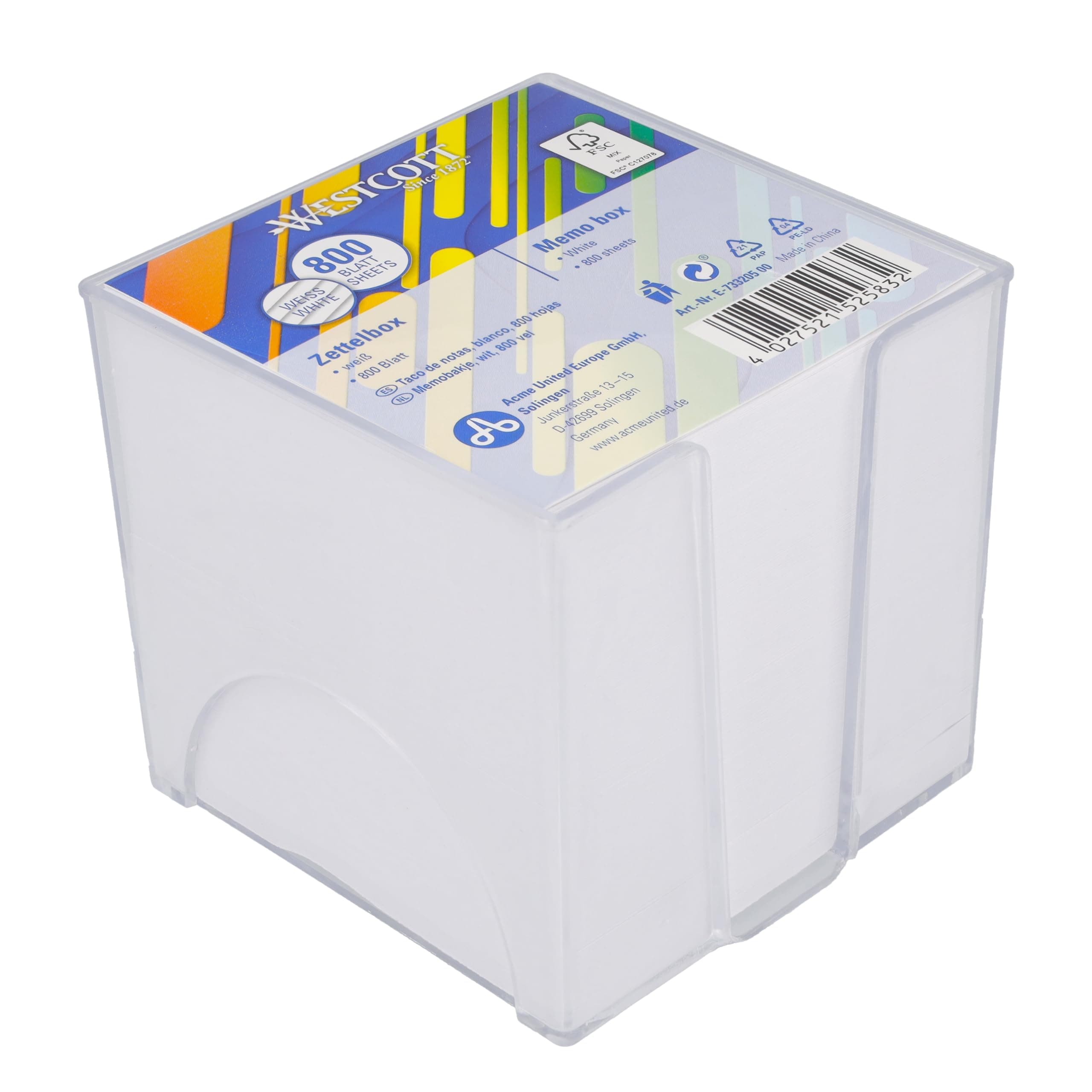 Westcott note block white 800 sheets in note box | memo block with 9 x 9 cm sheets in white | sturdy box made of transparent plastic | FSC-certified paper 80g/m² | E-733205 00