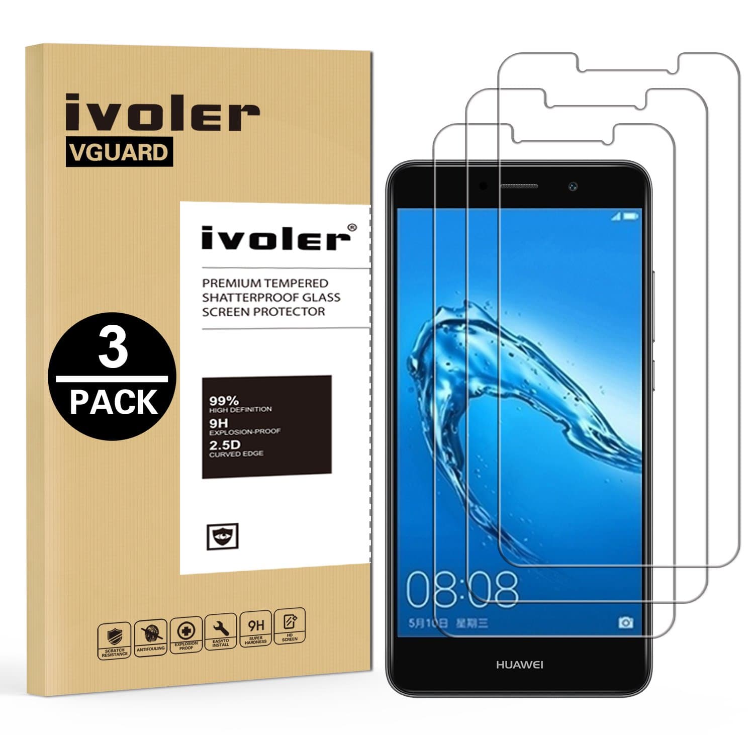 ivoler Compatible with Screen Protector Huawei Y7 2017 / Huawei Y7 Prime, [3 Pack] Tempered Glass Film [9H Hardness] [Anti-Scratch] [Crystal Clear]