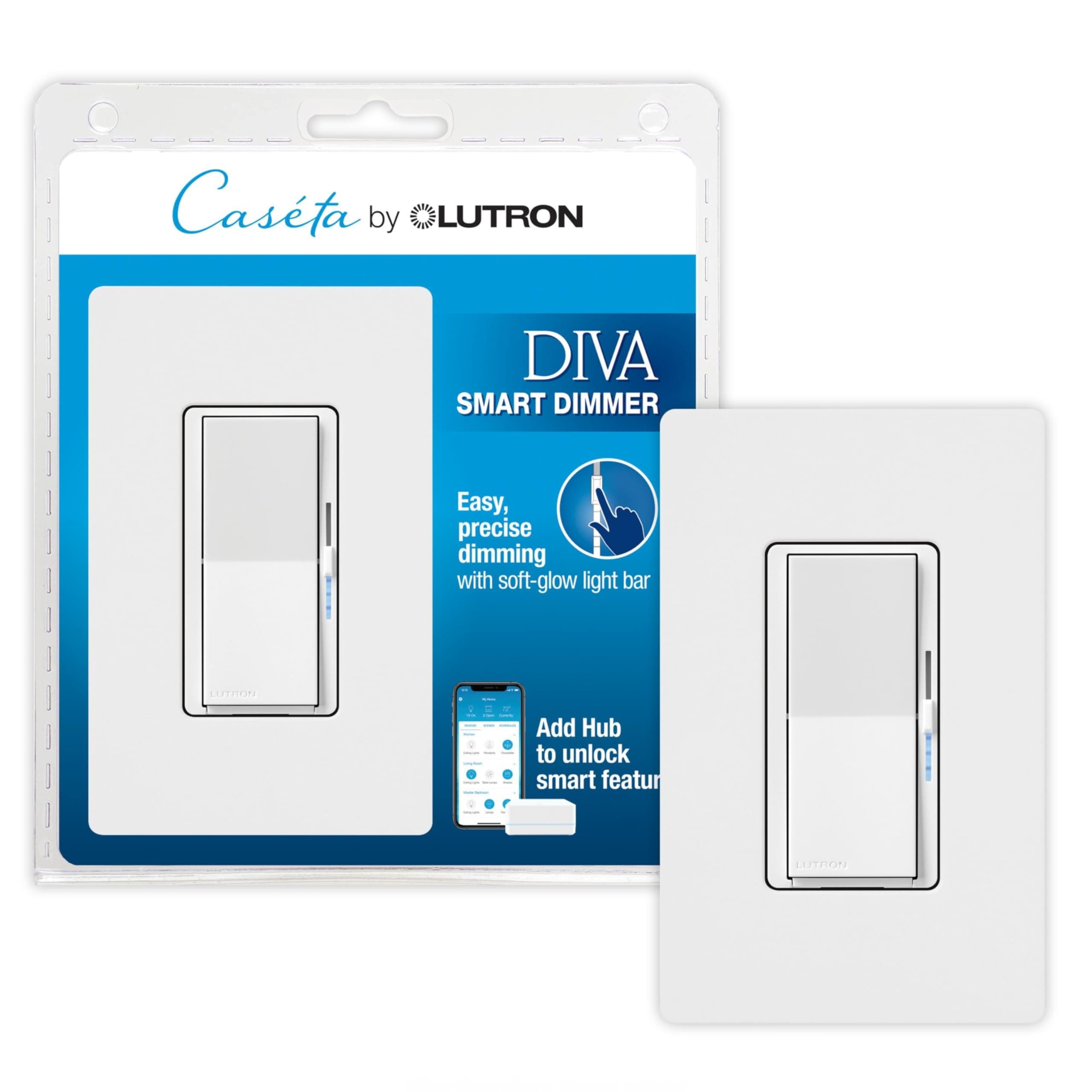Diva Smart Dimmer Light Switch with Wallplate for Caseta Lighting (Lutron Smart Hub Required), for LED Lights, 150W, Single-Pole/3-Way, No Neutral, White (DVRFW-6L-WH-A)