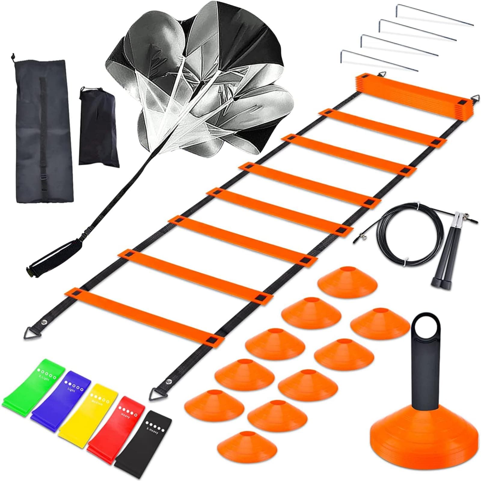 Speed Agility Training Set, Includes 12 Rung Agility Ladder,10 Disc Cones, Jump Rope, Resistance Bands, Running Parachute, Holder, for Football, Hockey Training Athletes