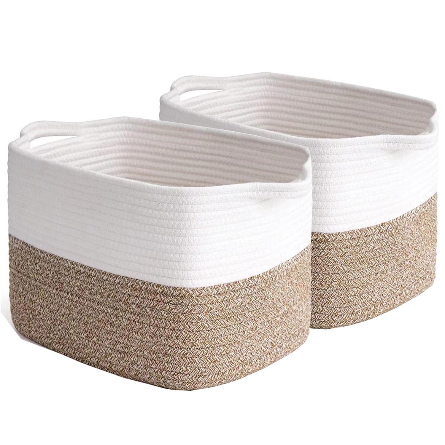 2 Pack Storage Basket for Organizing, Gift Basket Empty, 15''X10''X9'' Storage Bins, Rope Basket with Handles, Blanket Basket for Living Room, Bedroom, Laundry, Nursery, Brown/White.