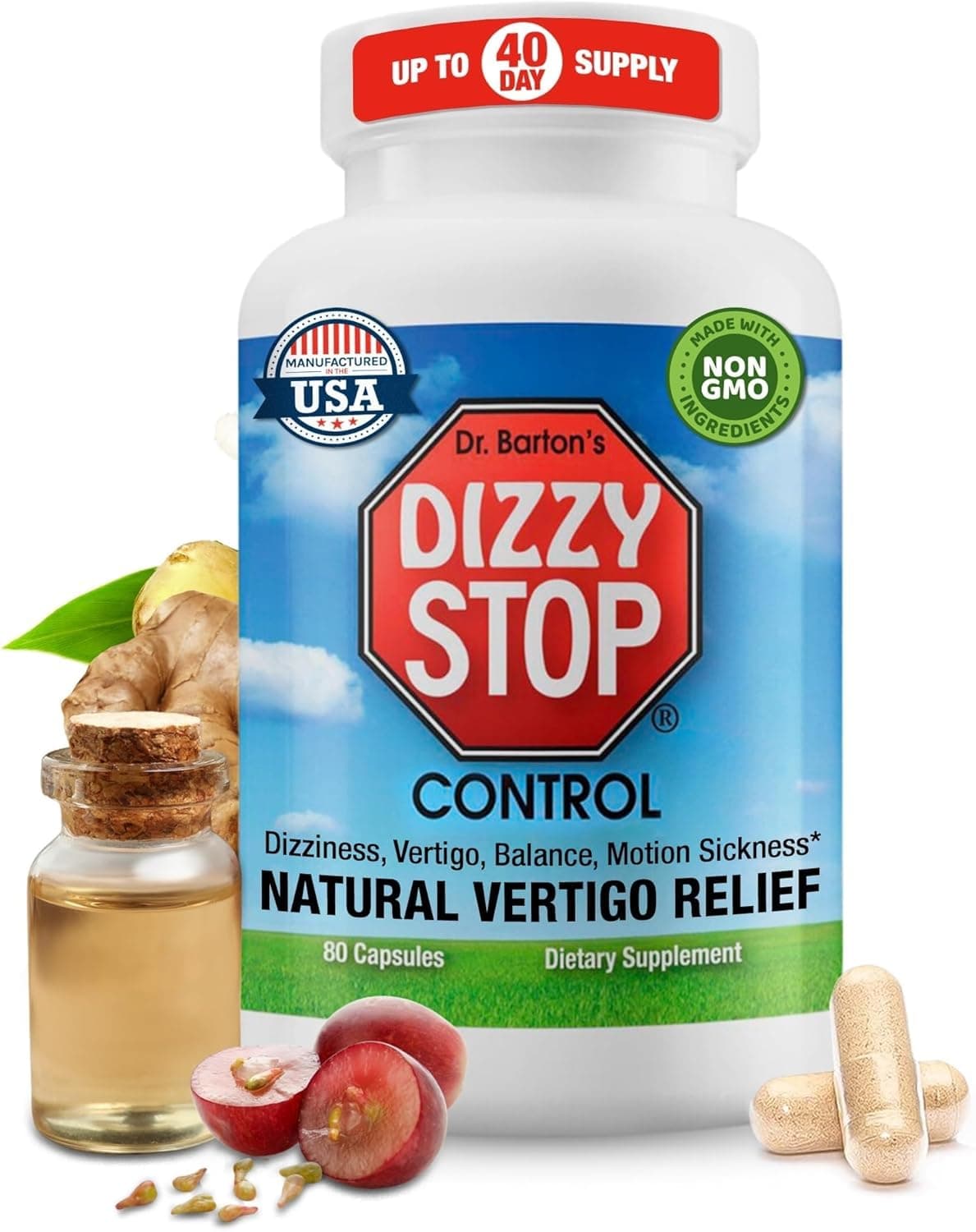 Dizzy Stop Dr. Barton's Vertigo Relief Products with Ginger and Grape Seed - Non-Drowsy Motion Sickness Pills for Dizziness Relief and Inner Ear Balance - 80 Count