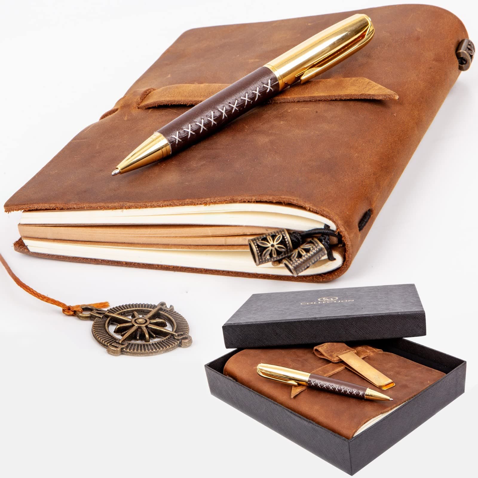 Premium Leatherbound Writing Journal Set: Real Authentic Antique Style & Handmade W Lined Paper & Blank Pages for Writing, Travel Diary for Artistic Men & Women. This Versatile